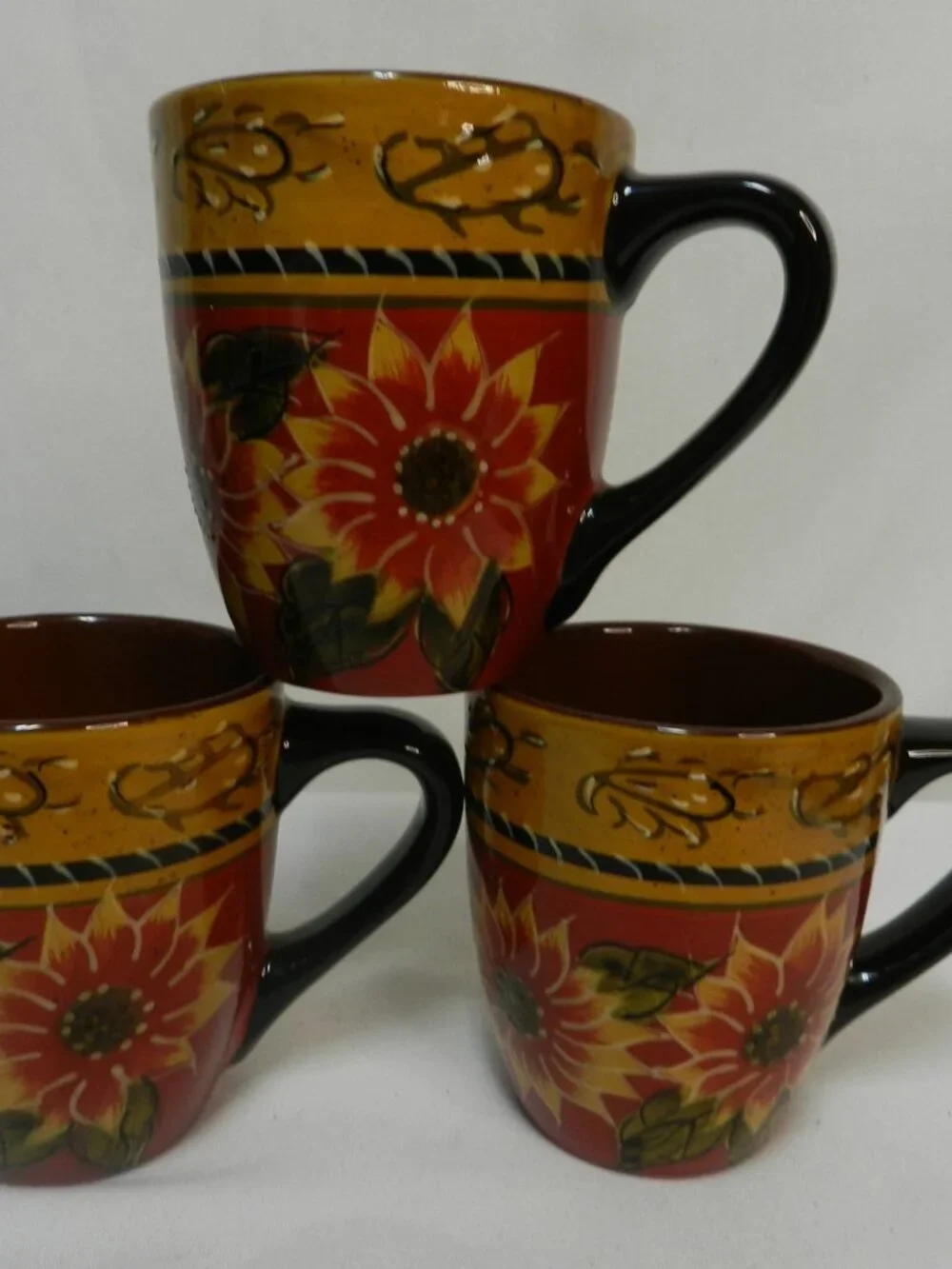 Pier 1 One Sunflower Hand painted Terracotta Mug Cup Set 3 floral Vintage